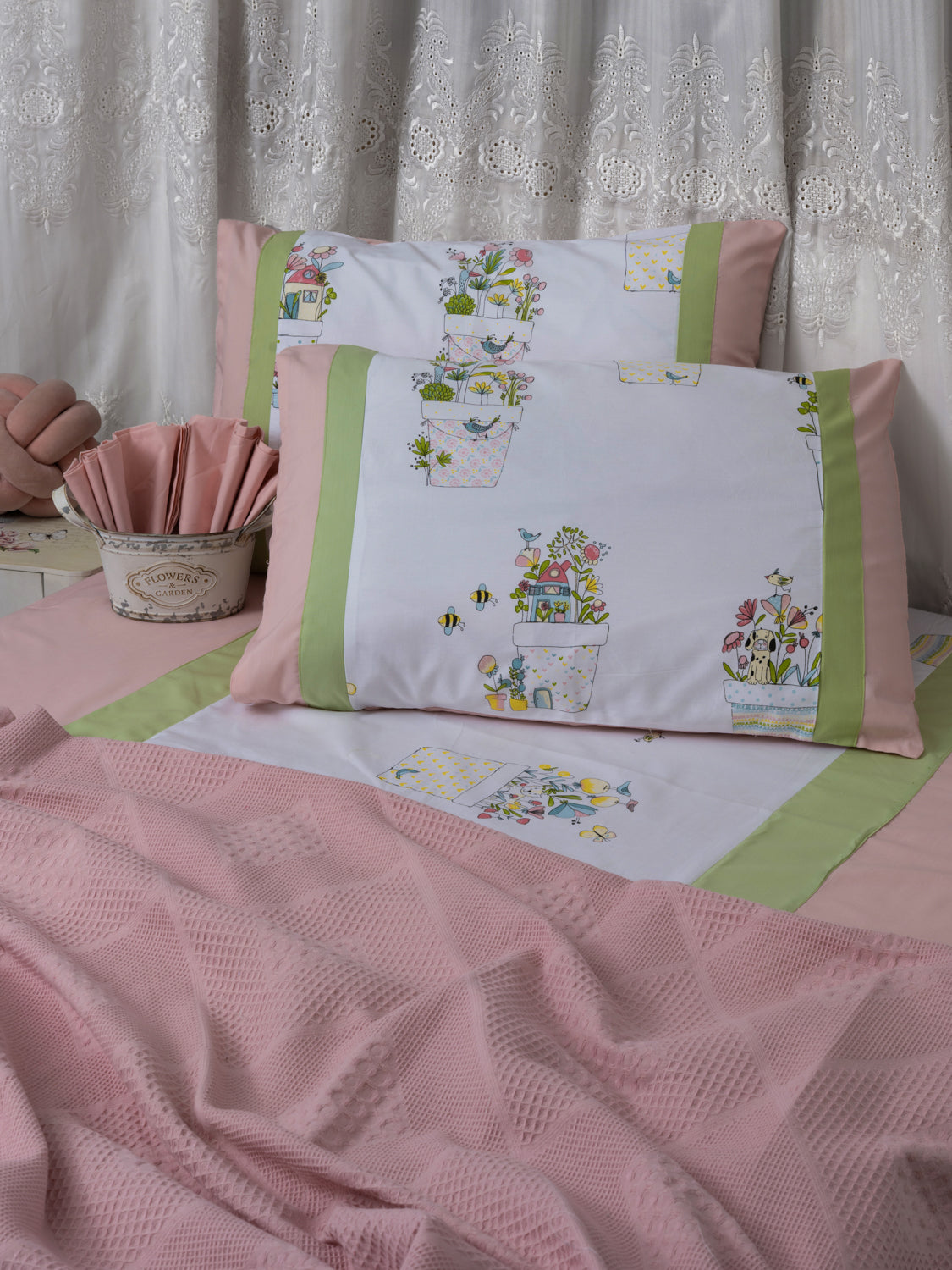 kids fitted sheet*pink-green*